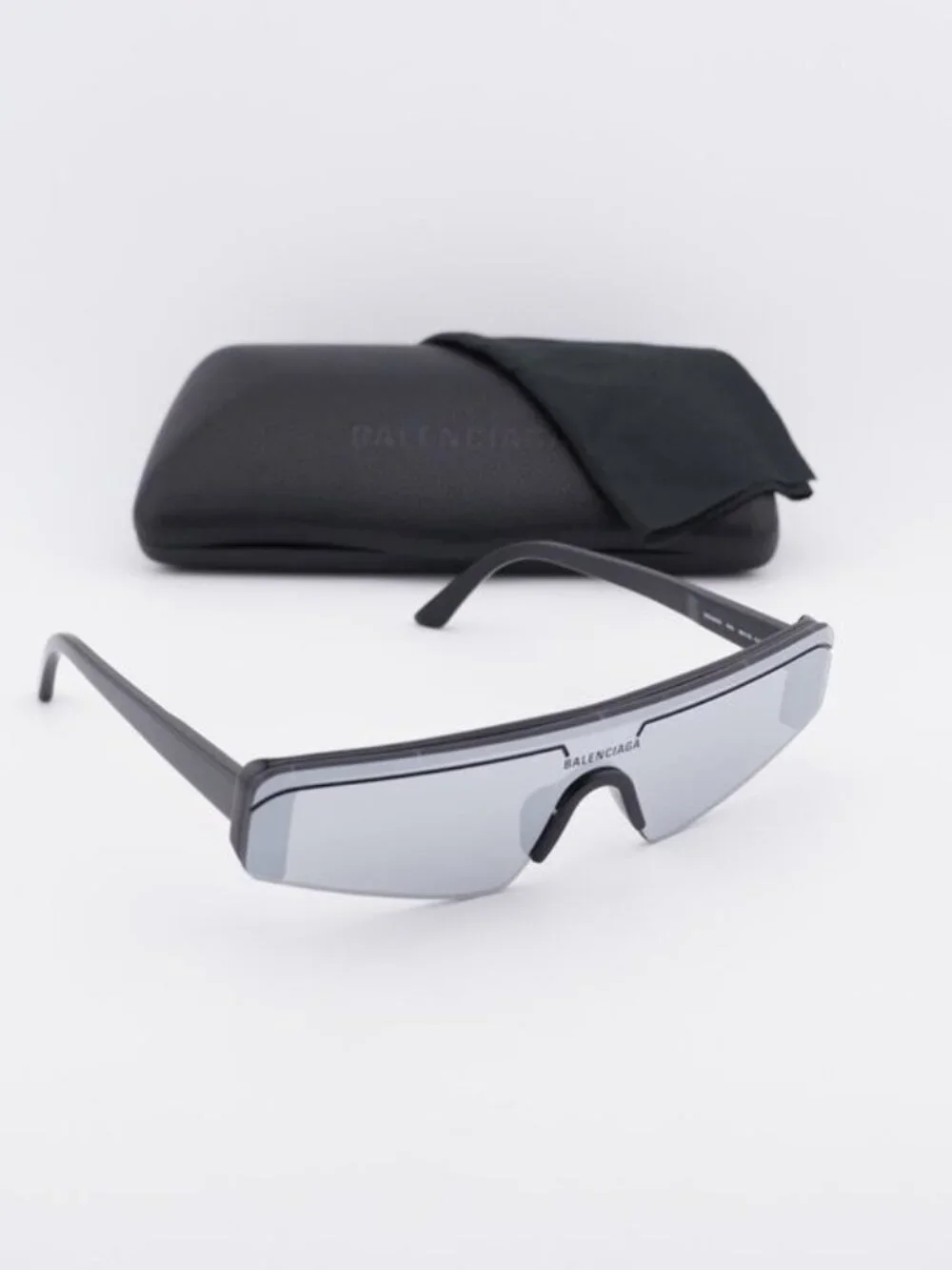 Balenciaga BB0003S 005 Shield Sunglasses - Black / Silver Mirror